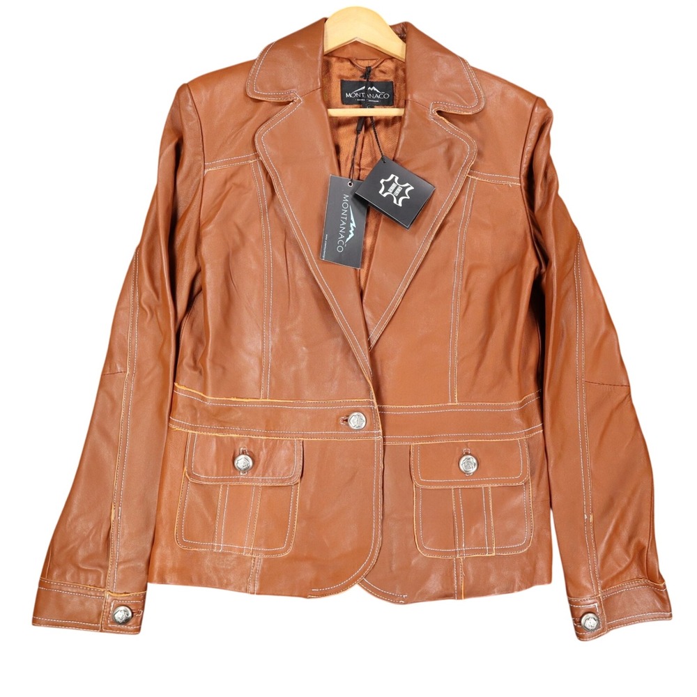 Montanaco Leather Jacket Womens Medium Spice Brown Contrast Stitch Western New